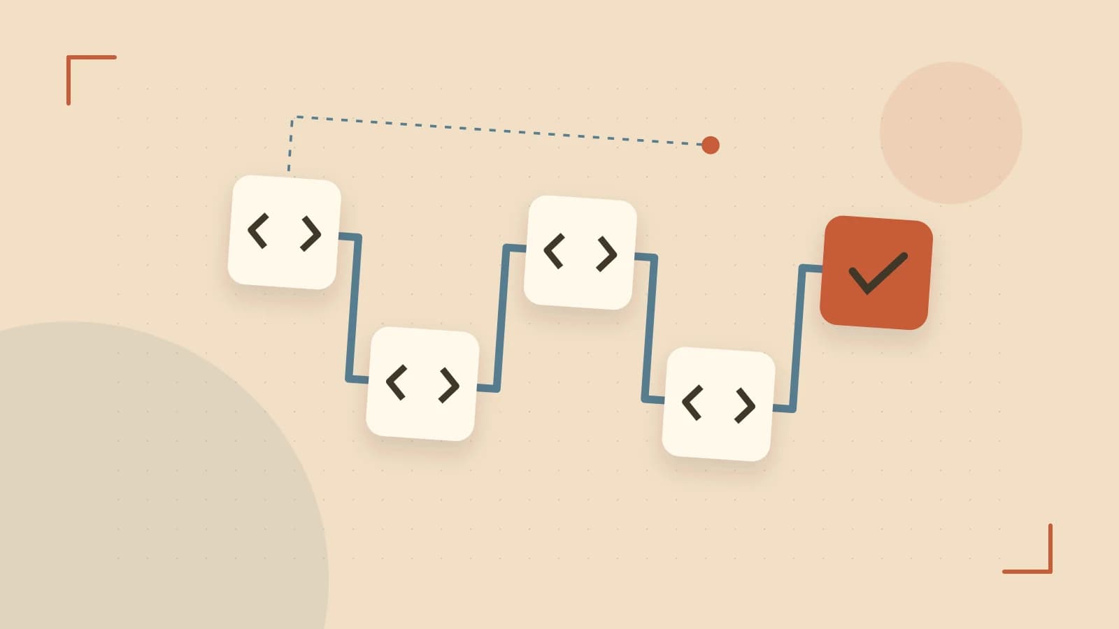 Editorial illustration of a branching build pipeline, staged transformations and a completed check