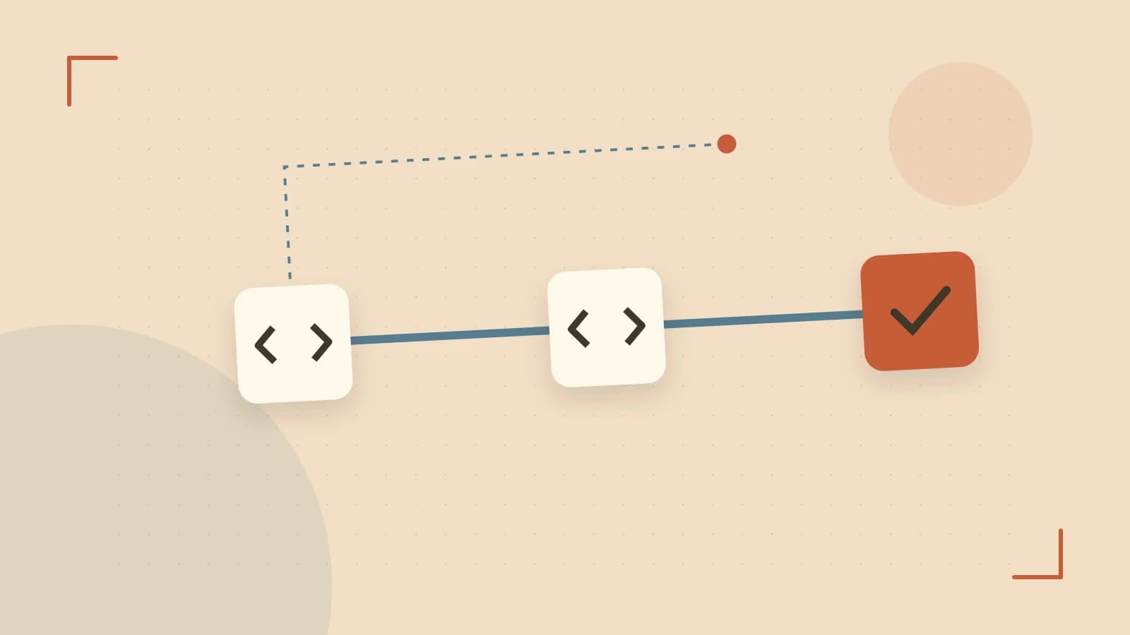 Editorial illustration of a branching build pipeline, staged transformations and a completed check