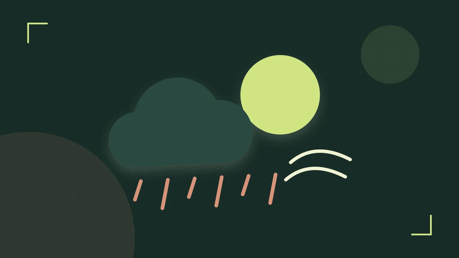 Editorial illustration of a sun, layered clouds, raindrops and flowing weather patterns
