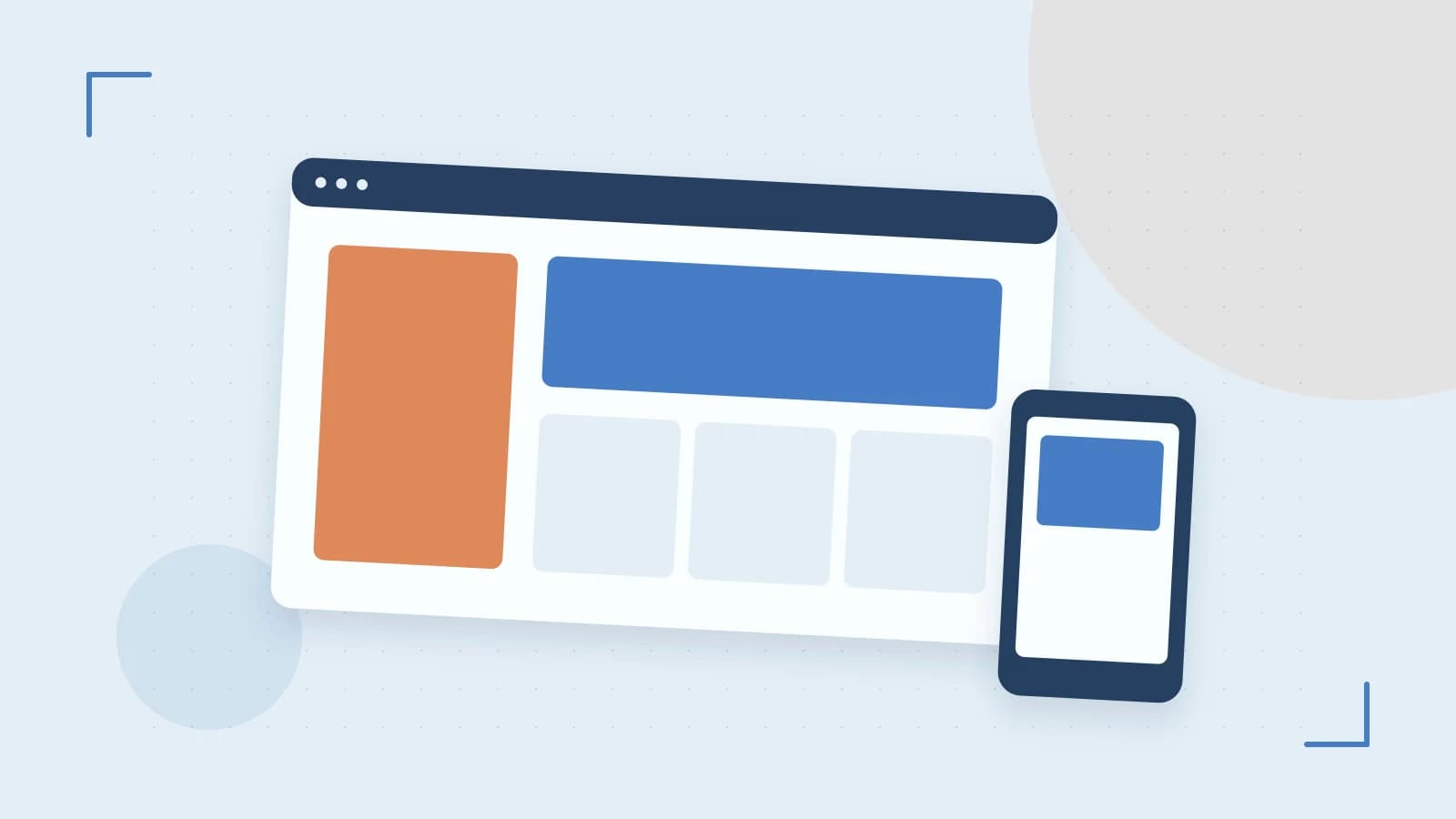 Editorial illustration of responsive browser layouts, overlapping design components and a color system