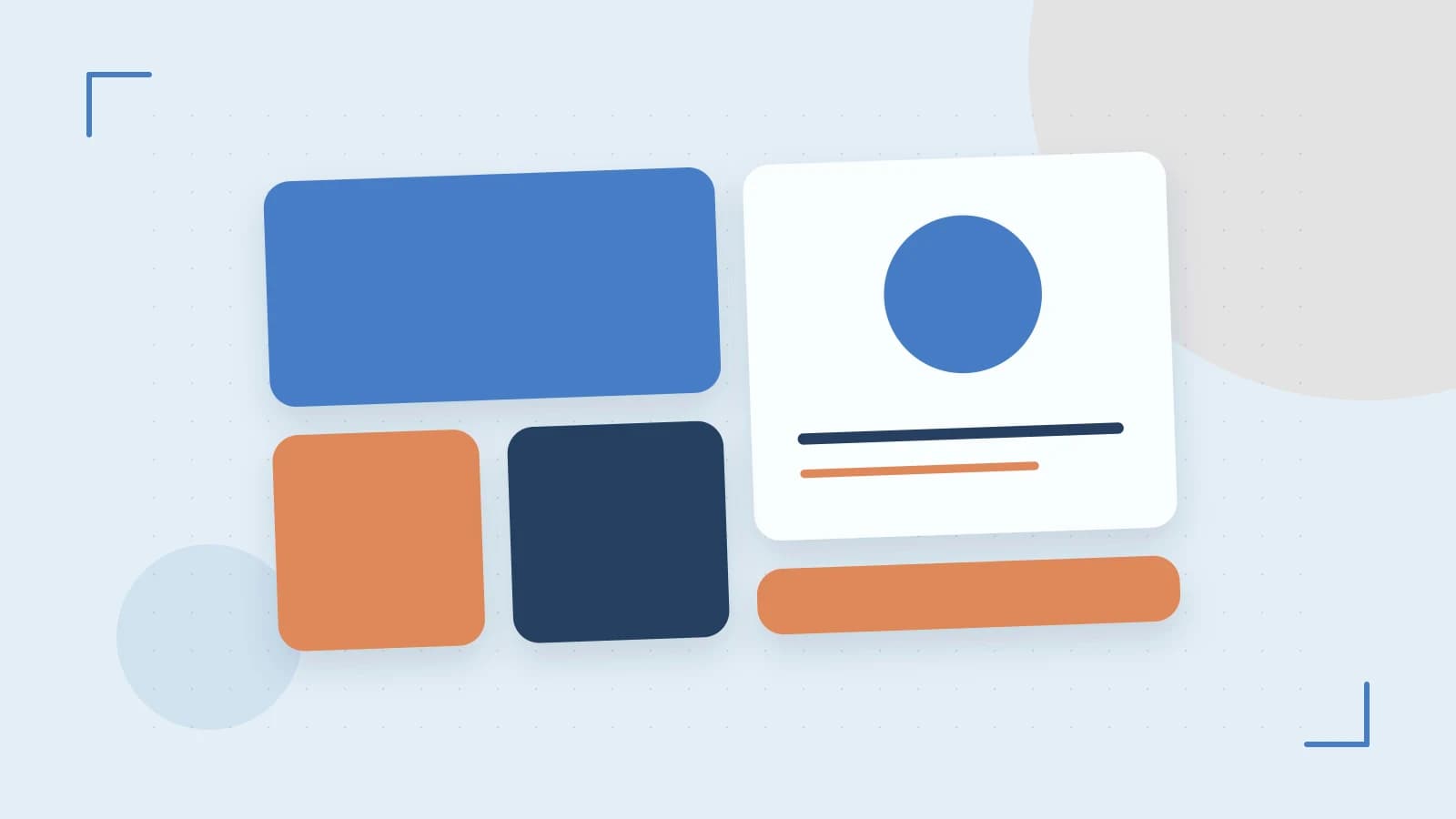 Editorial illustration of responsive browser layouts, overlapping design components and a color system