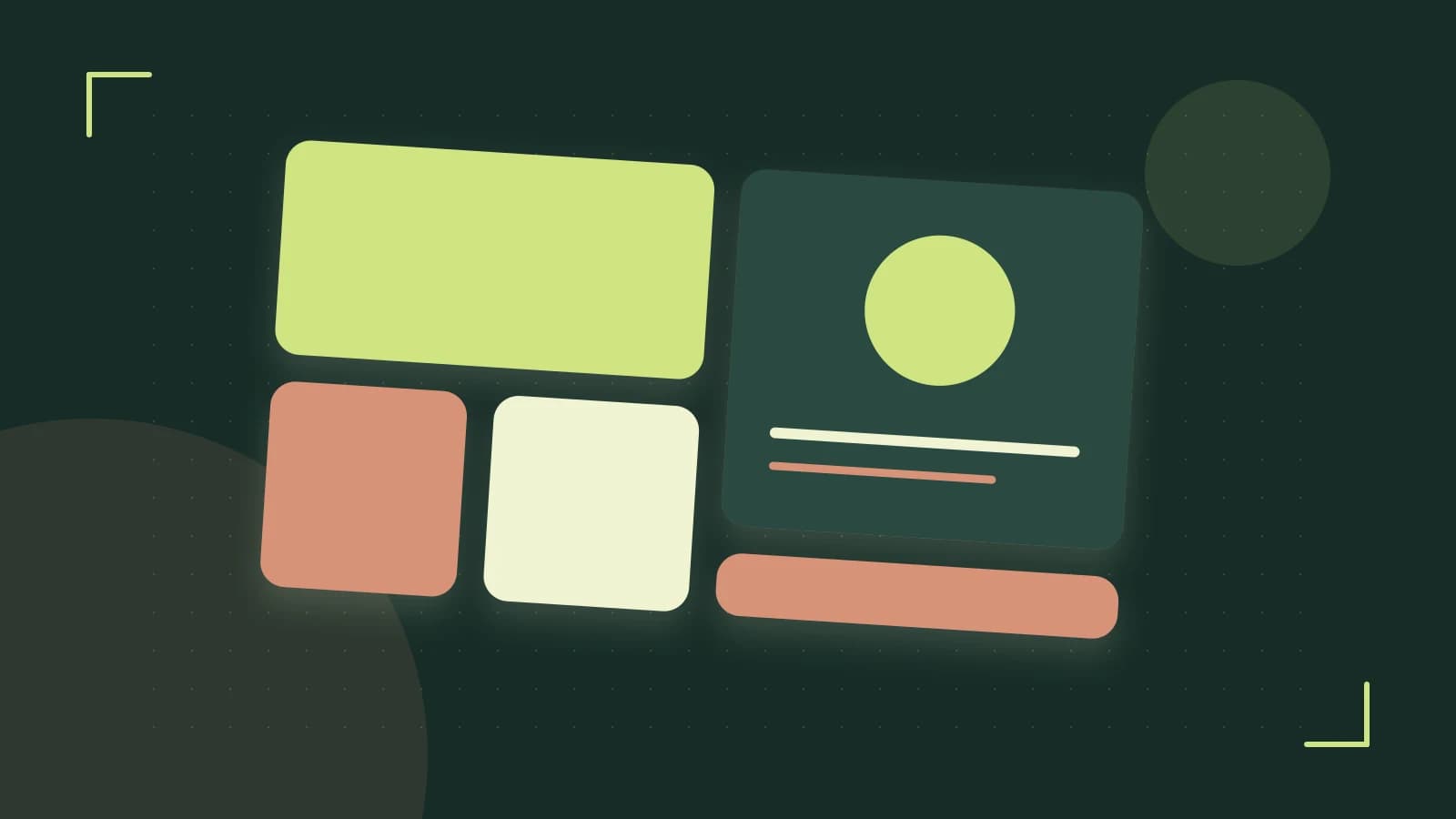 Editorial illustration of responsive browser layouts, overlapping design components and a color system
