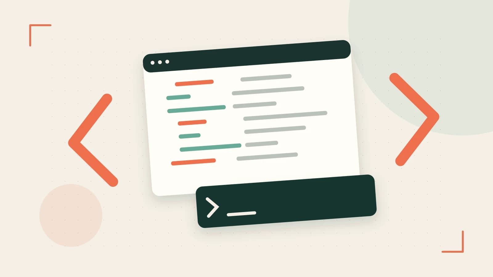 Editorial illustration of an abstract code editor, syntax blocks and oversized programming brackets