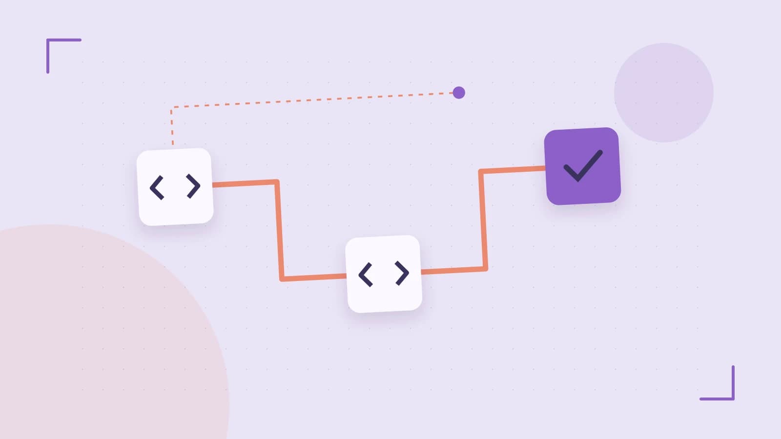 Editorial illustration of a branching build pipeline, staged transformations and a completed check
