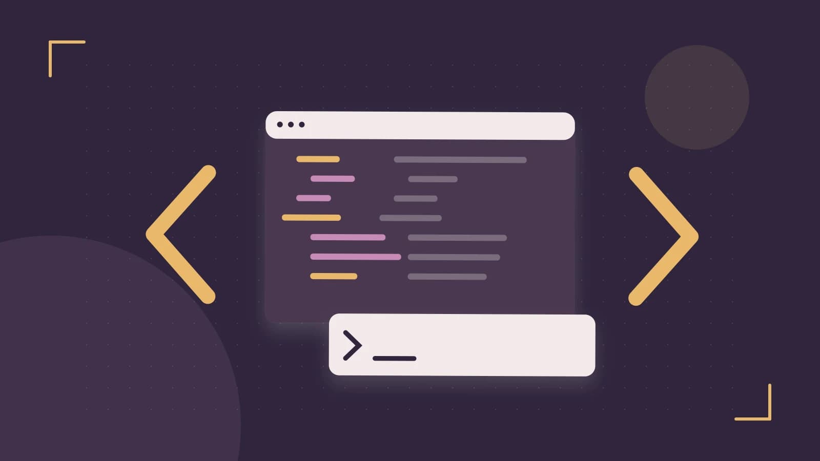 Editorial illustration of an abstract code editor, syntax blocks and oversized programming brackets