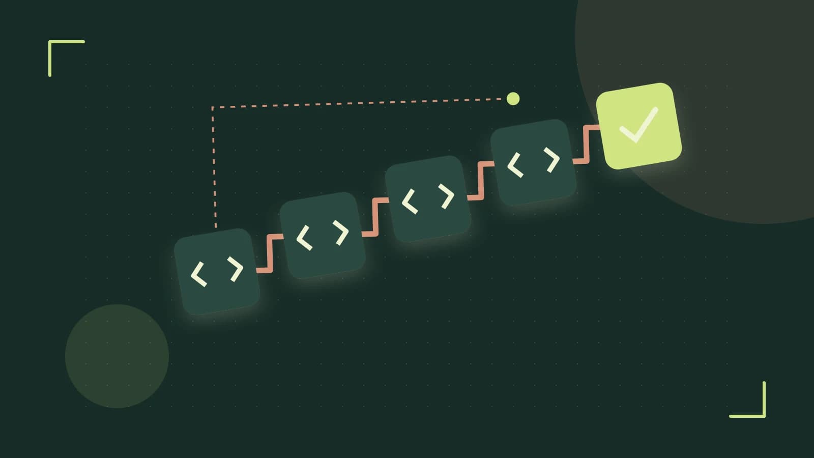 Editorial illustration of a branching build pipeline, staged transformations and a completed check