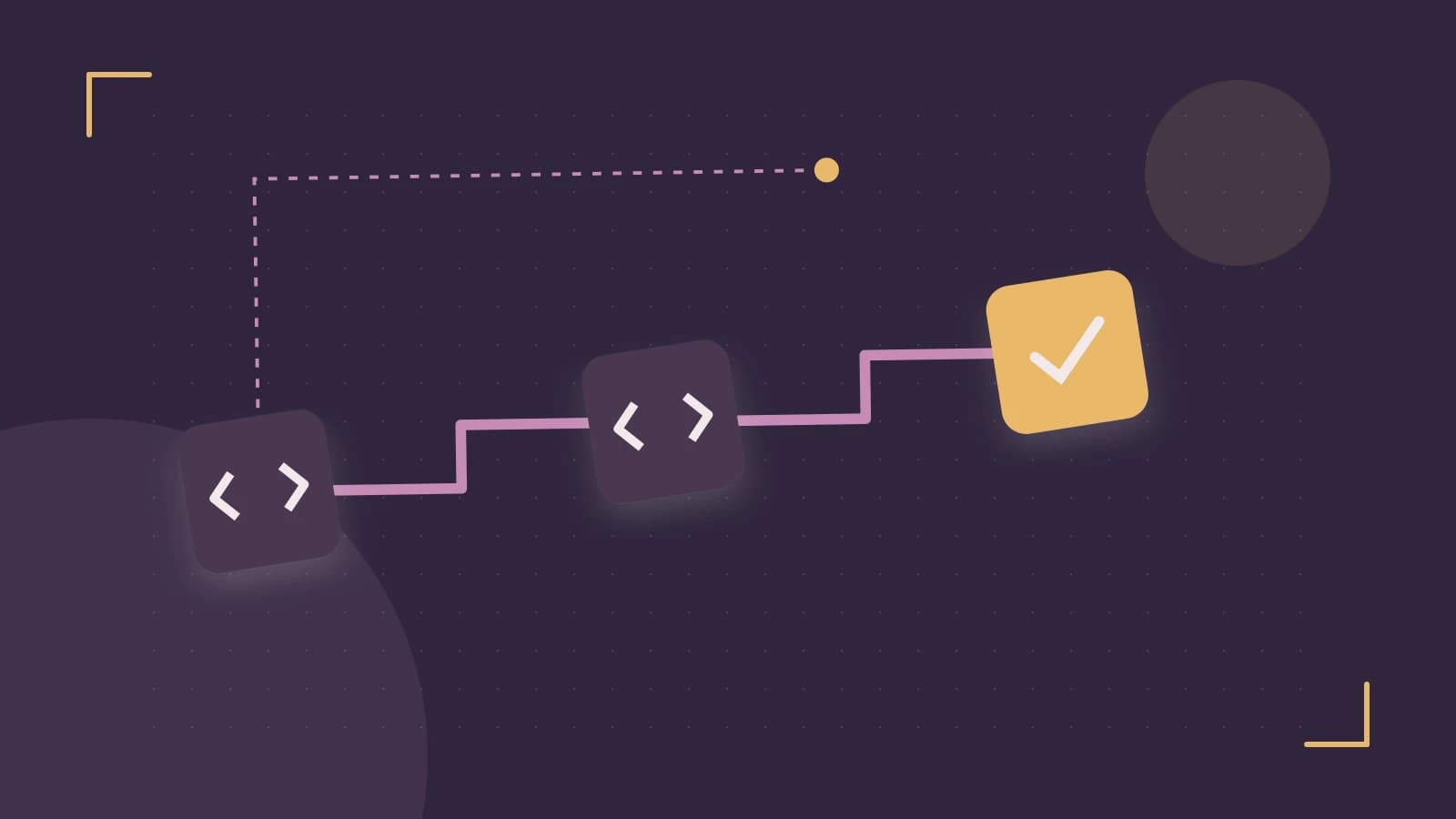 Editorial illustration of a branching build pipeline, staged transformations and a completed check
