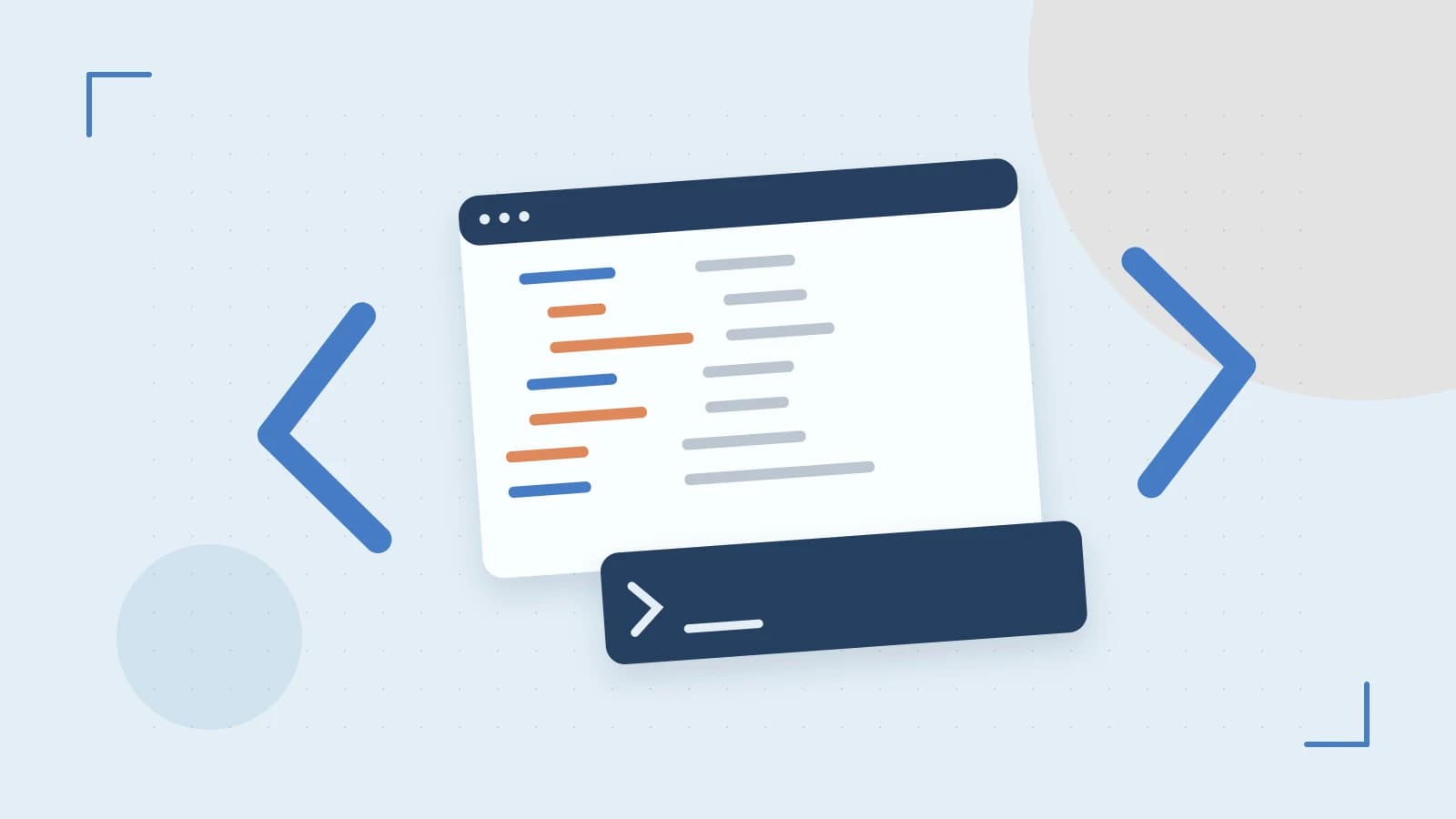 Editorial illustration of an abstract code editor, syntax blocks and oversized programming brackets