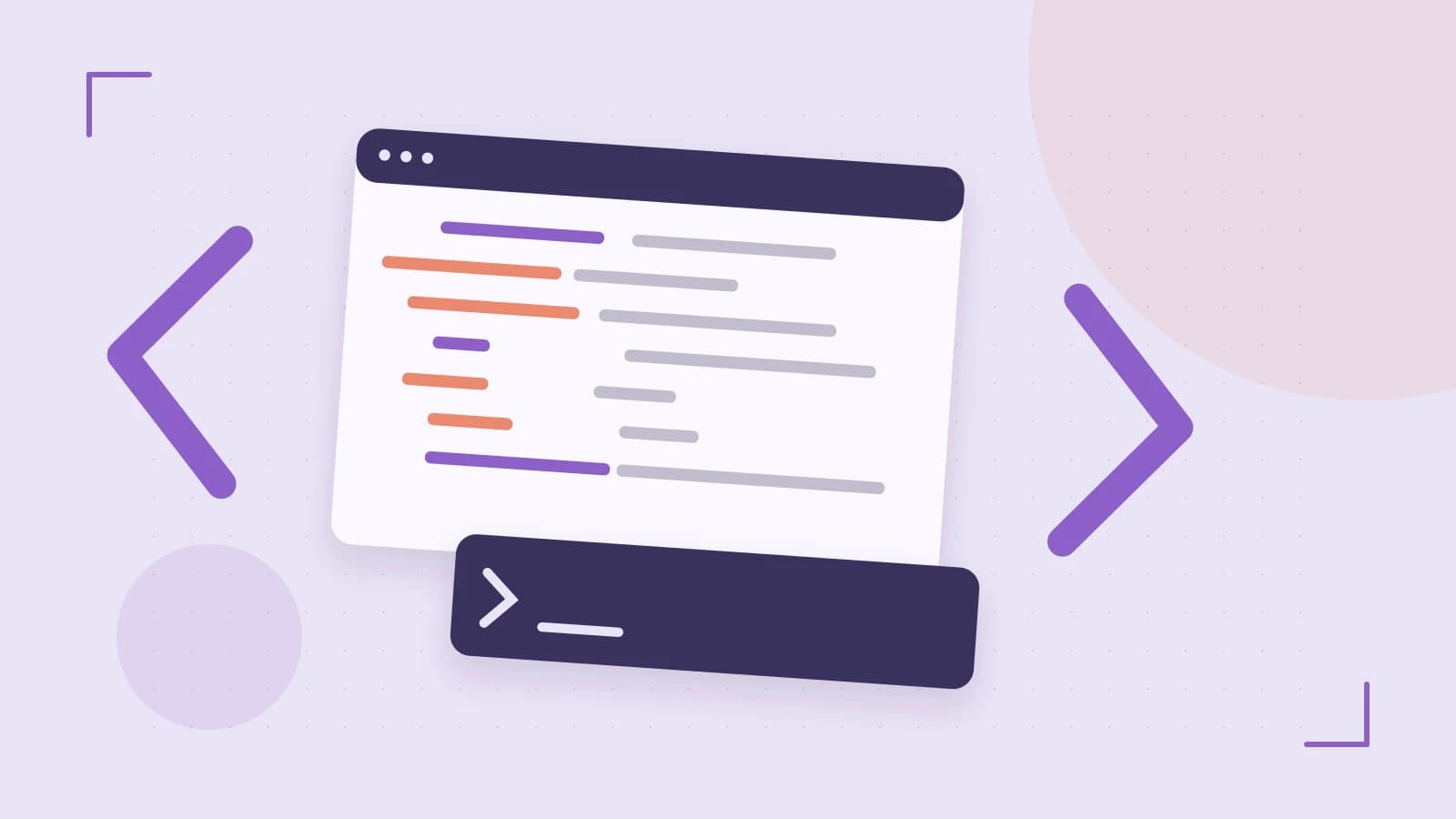 Editorial illustration of an abstract code editor, syntax blocks and oversized programming brackets
