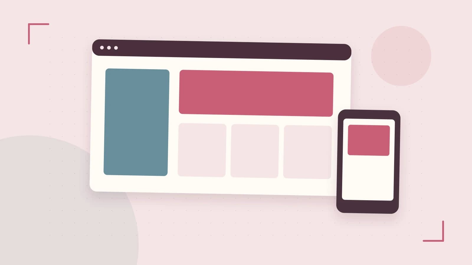 Editorial illustration of responsive browser layouts, overlapping design components and a color system