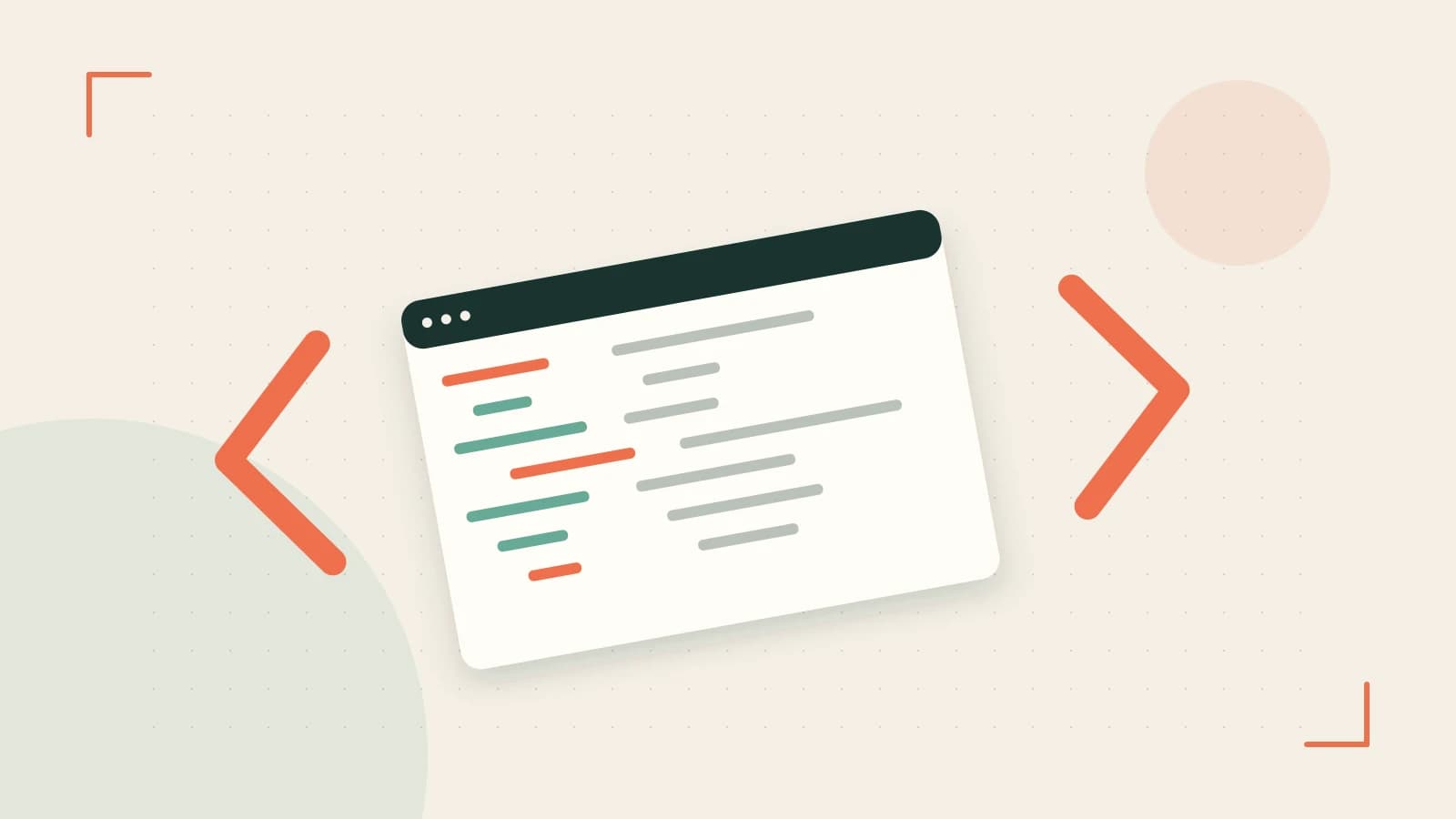 Editorial illustration of an abstract code editor, syntax blocks and oversized programming brackets