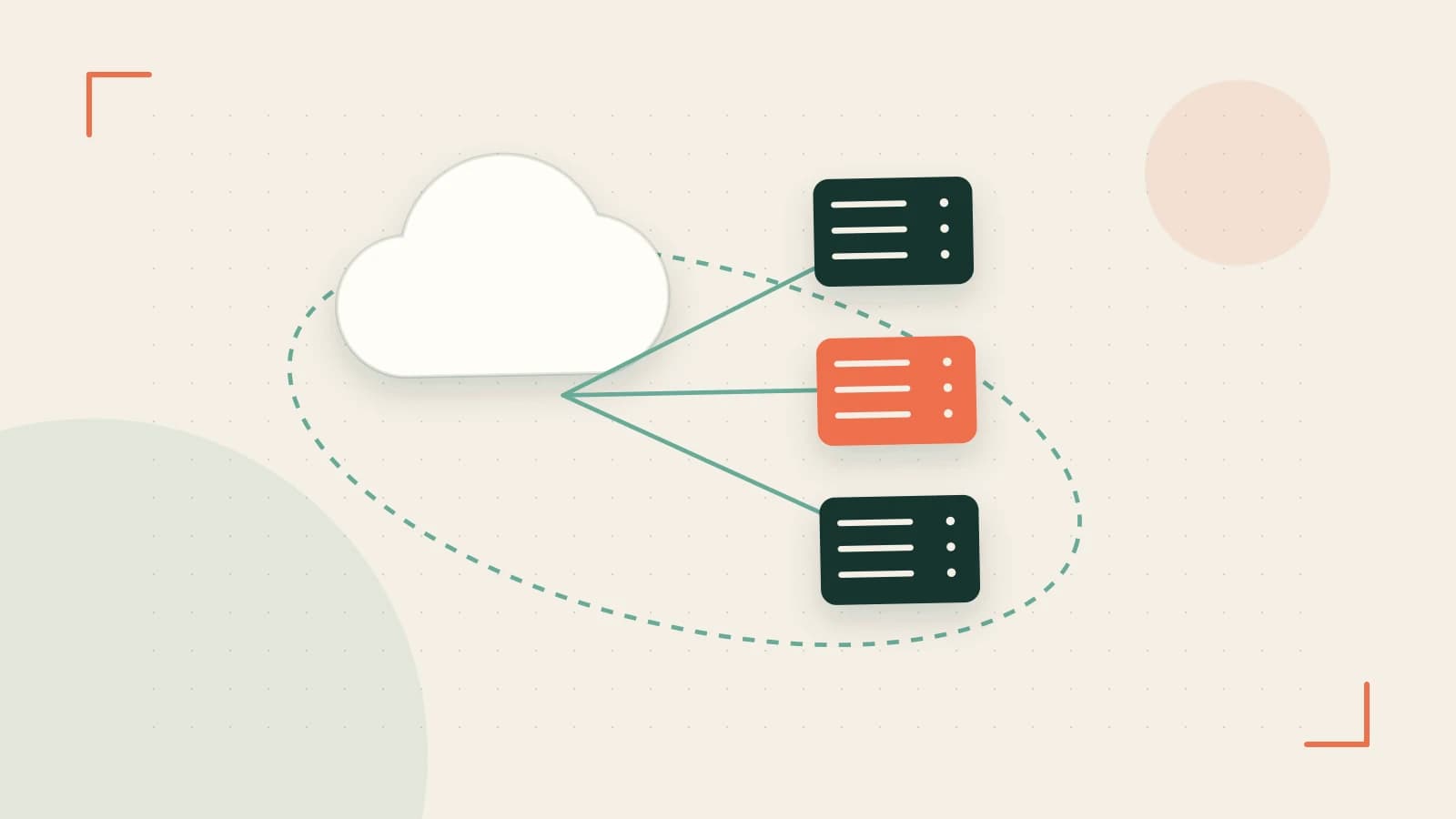 Editorial illustration of cloud infrastructure, connected server racks and an orbital service map