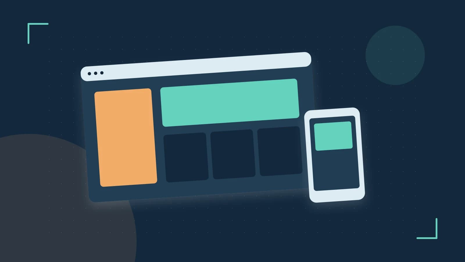 Editorial illustration of responsive browser layouts, overlapping design components and a color system