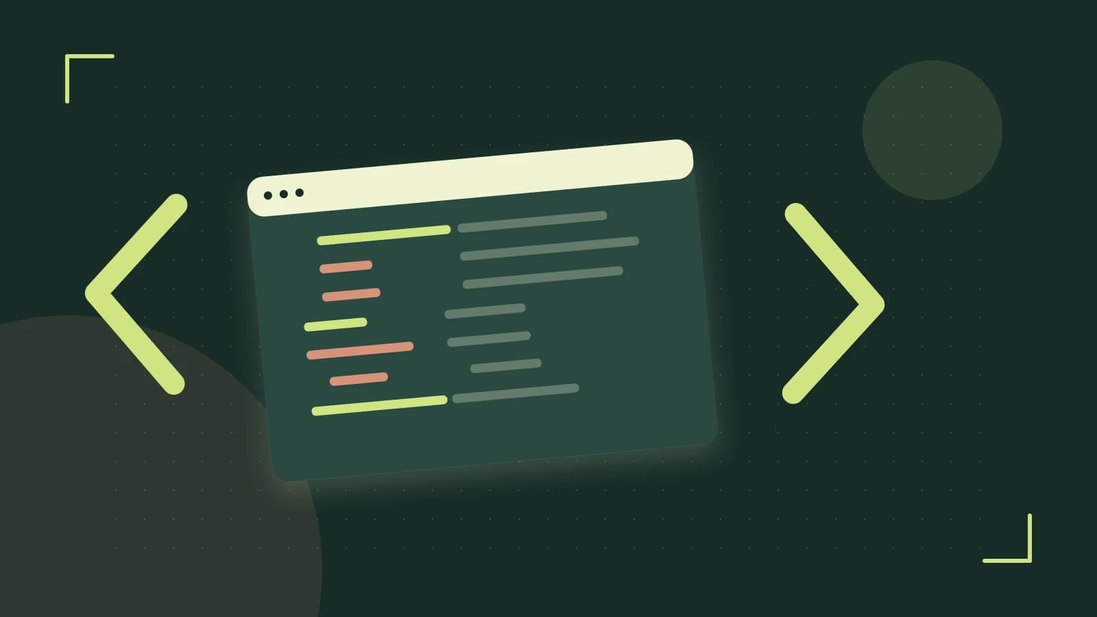 Editorial illustration of an abstract code editor, syntax blocks and oversized programming brackets
