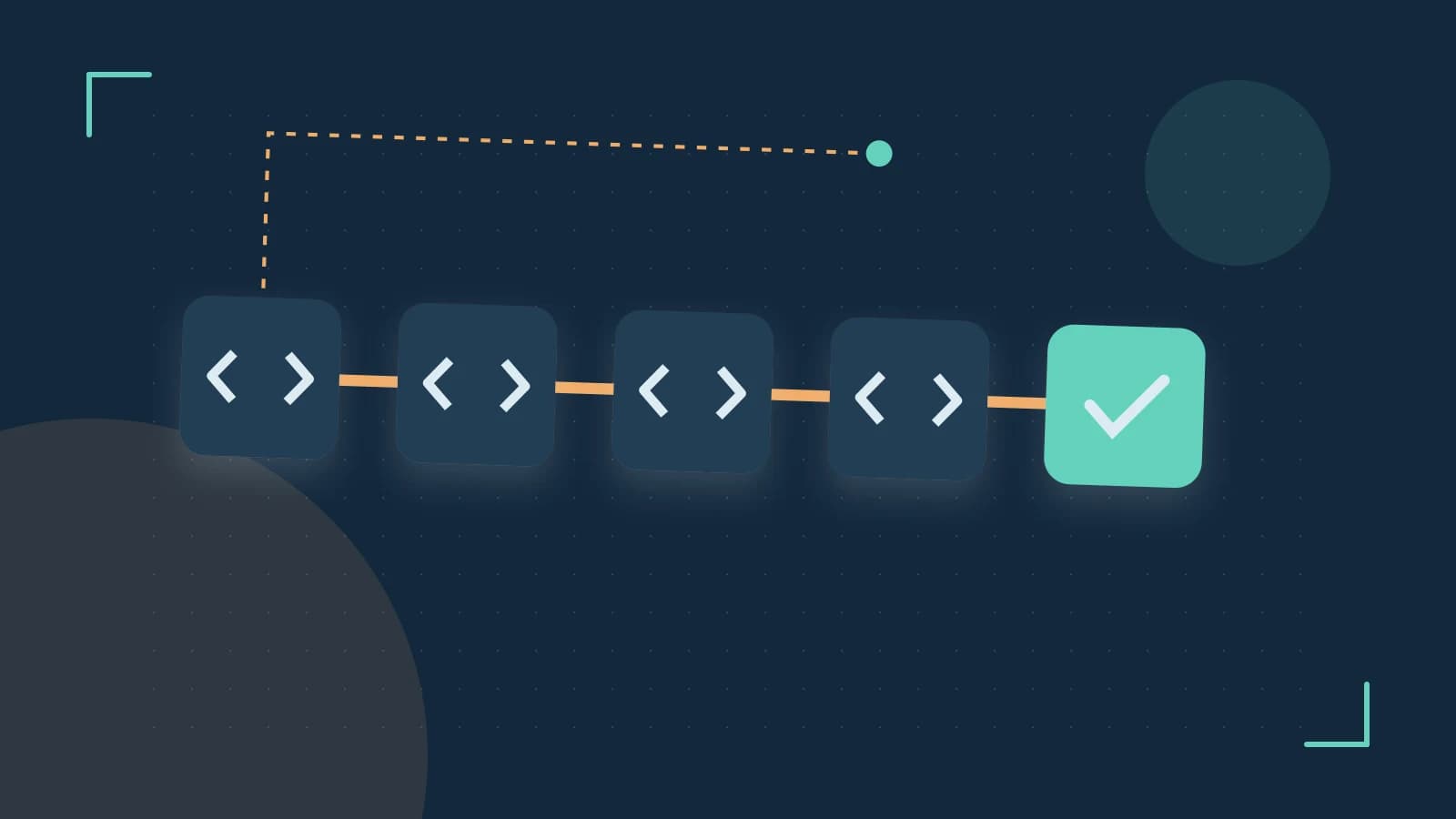 Editorial illustration of a branching build pipeline, staged transformations and a completed check