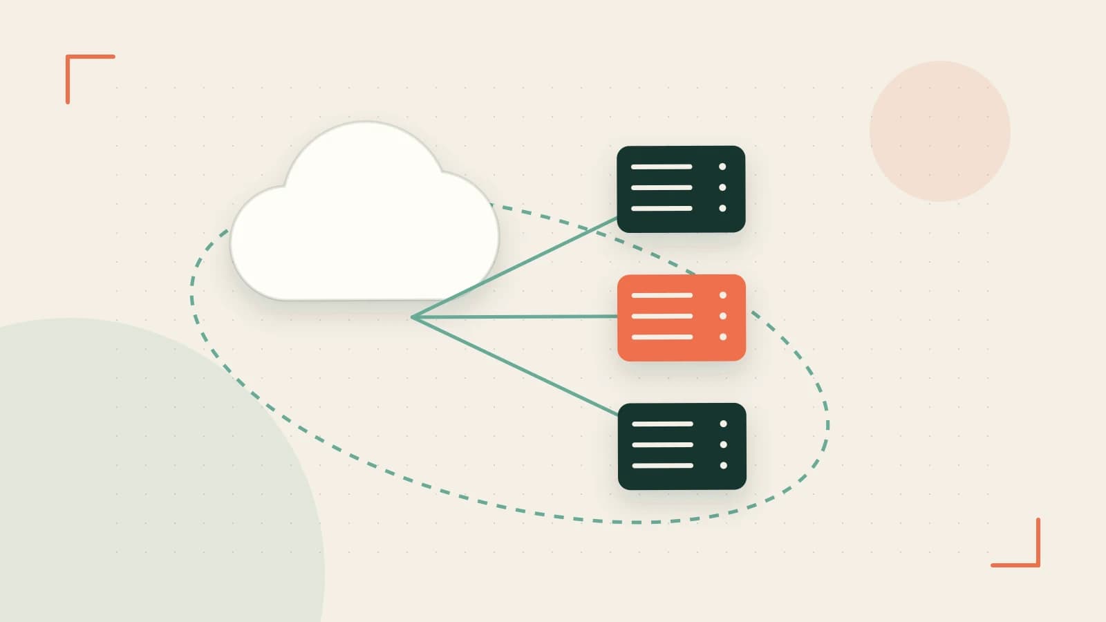 Editorial illustration of cloud infrastructure, connected server racks and an orbital service map