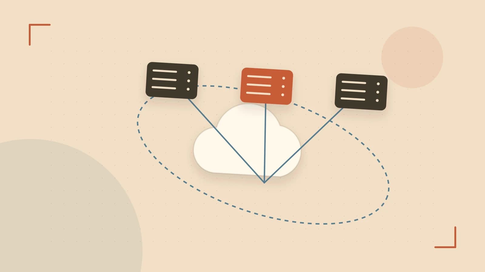 Editorial illustration of cloud infrastructure, connected server racks and an orbital service map