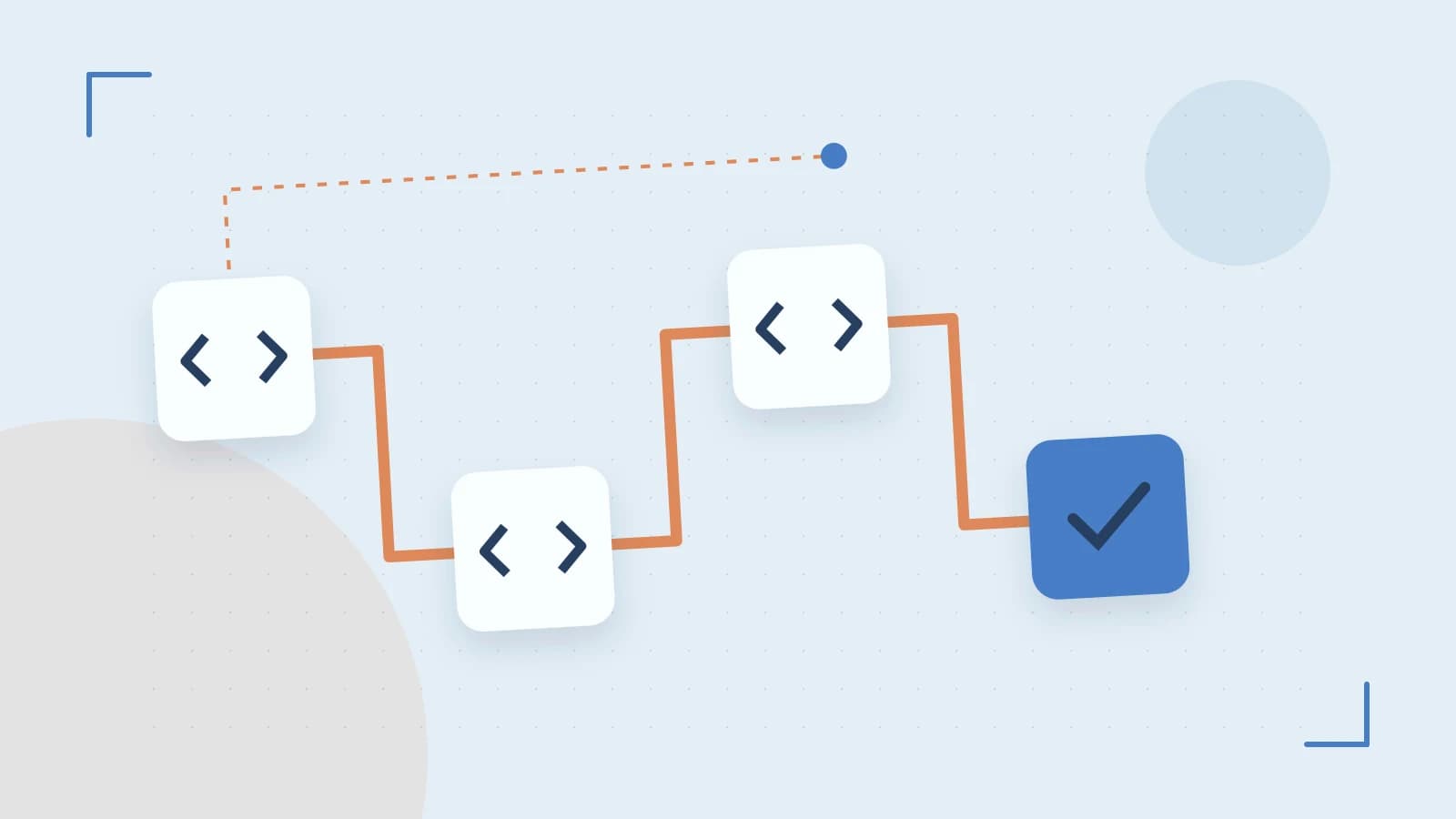 Editorial illustration of a branching build pipeline, staged transformations and a completed check