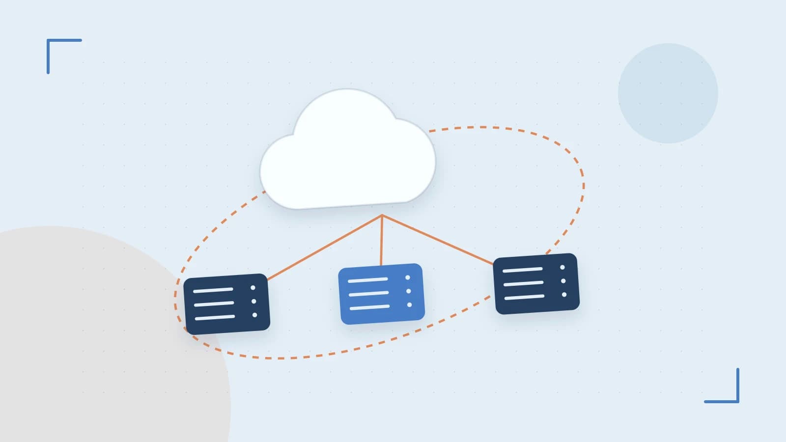 Editorial illustration of cloud infrastructure, connected server racks and an orbital service map