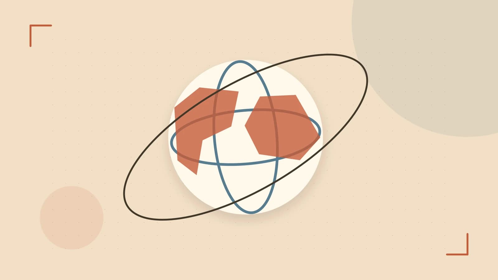 Editorial illustration of an editorial globe with meridians and layered geographic shapes