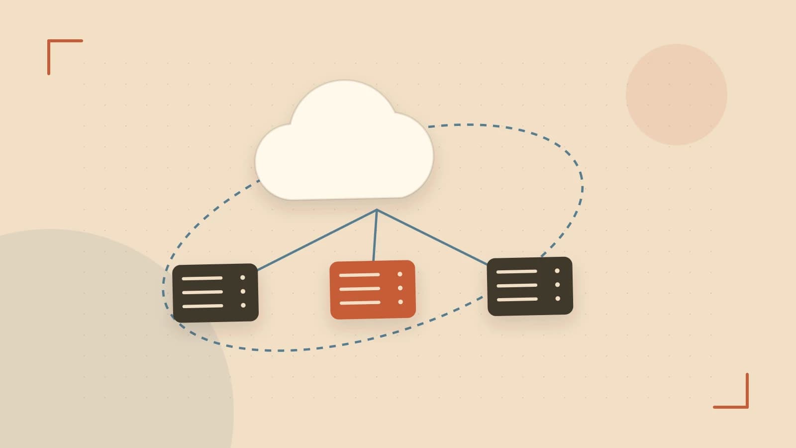 Editorial illustration of cloud infrastructure, connected server racks and an orbital service map
