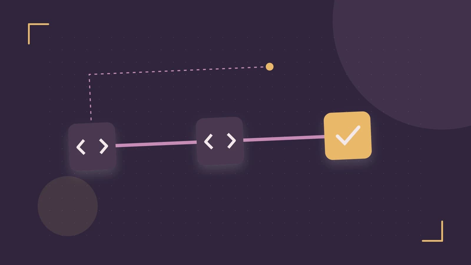 Editorial illustration of a branching build pipeline, staged transformations and a completed check
