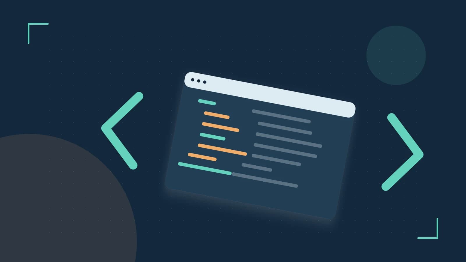 Editorial illustration of an abstract code editor, syntax blocks and oversized programming brackets