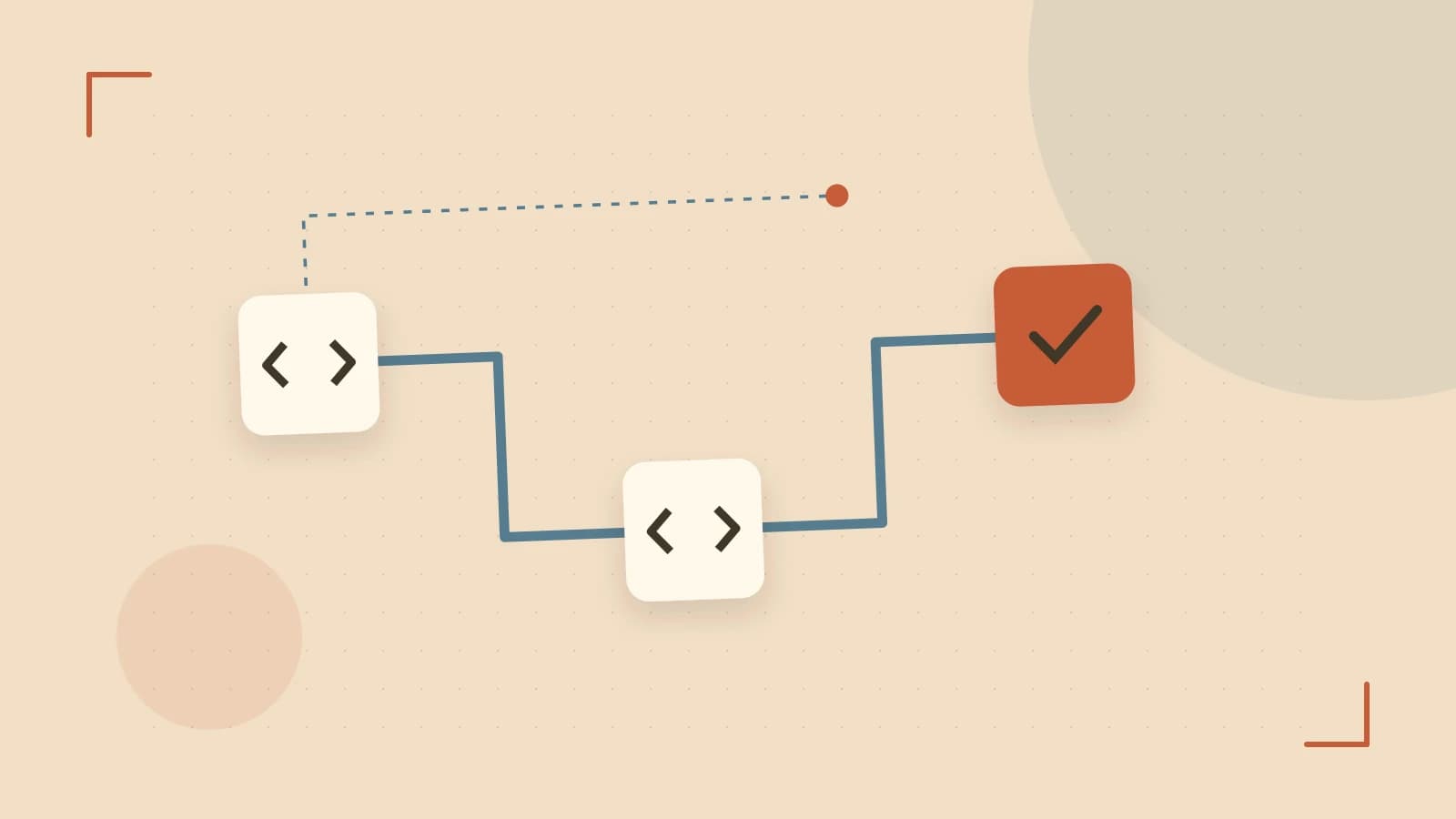 Editorial illustration of a branching build pipeline, staged transformations and a completed check