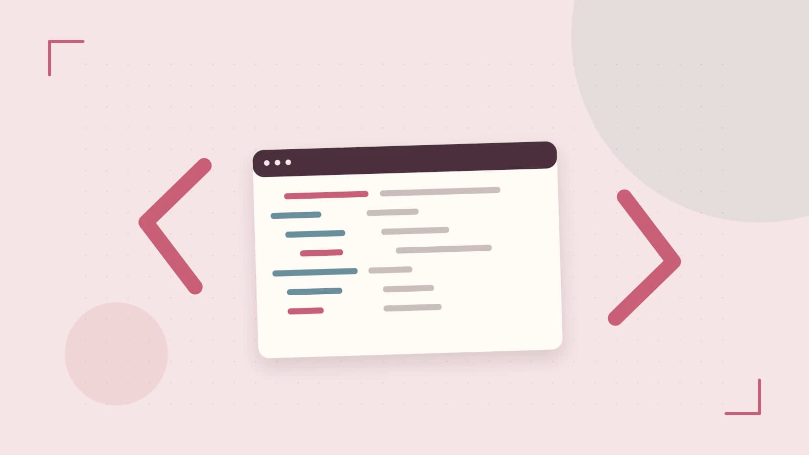 Editorial illustration of an abstract code editor, syntax blocks and oversized programming brackets