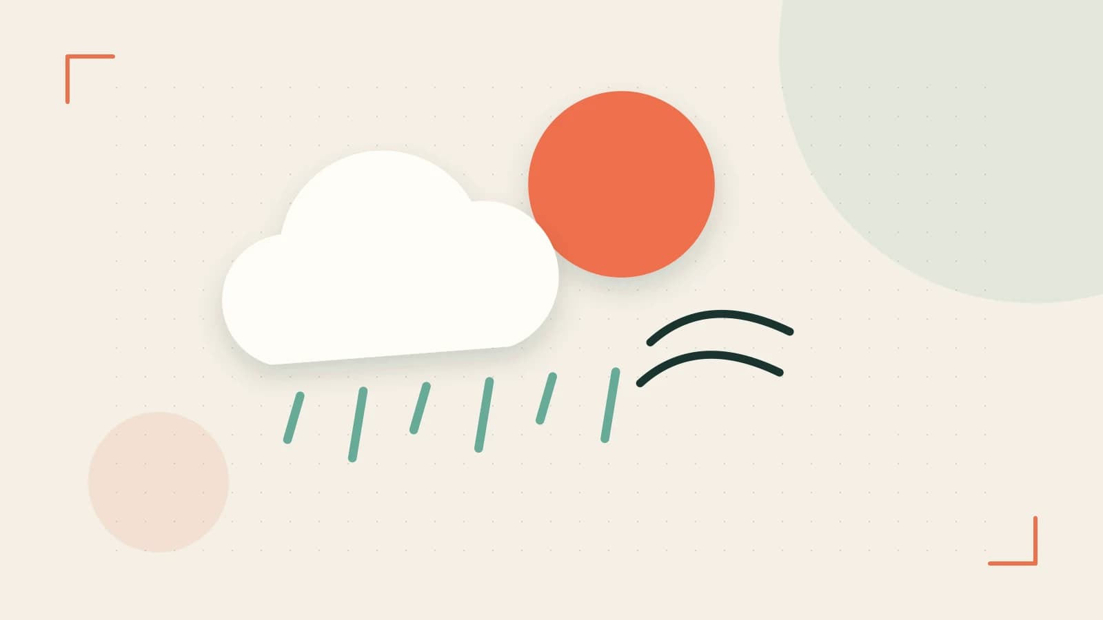 Editorial illustration of a sun, layered clouds, raindrops and flowing weather patterns
