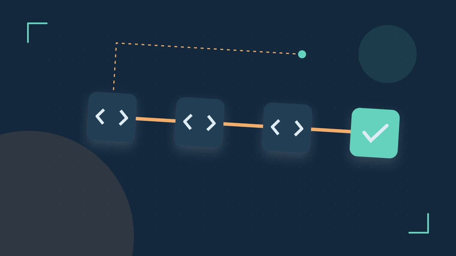 Editorial illustration of a branching build pipeline, staged transformations and a completed check