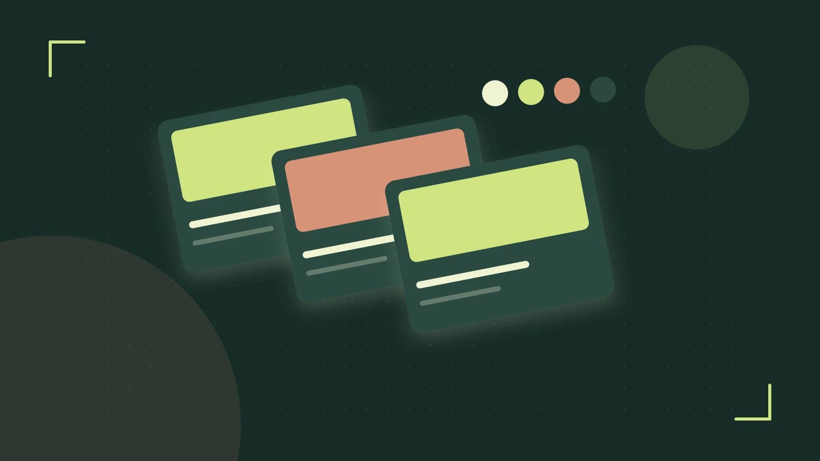 Editorial illustration of responsive browser layouts, overlapping design components and a color system