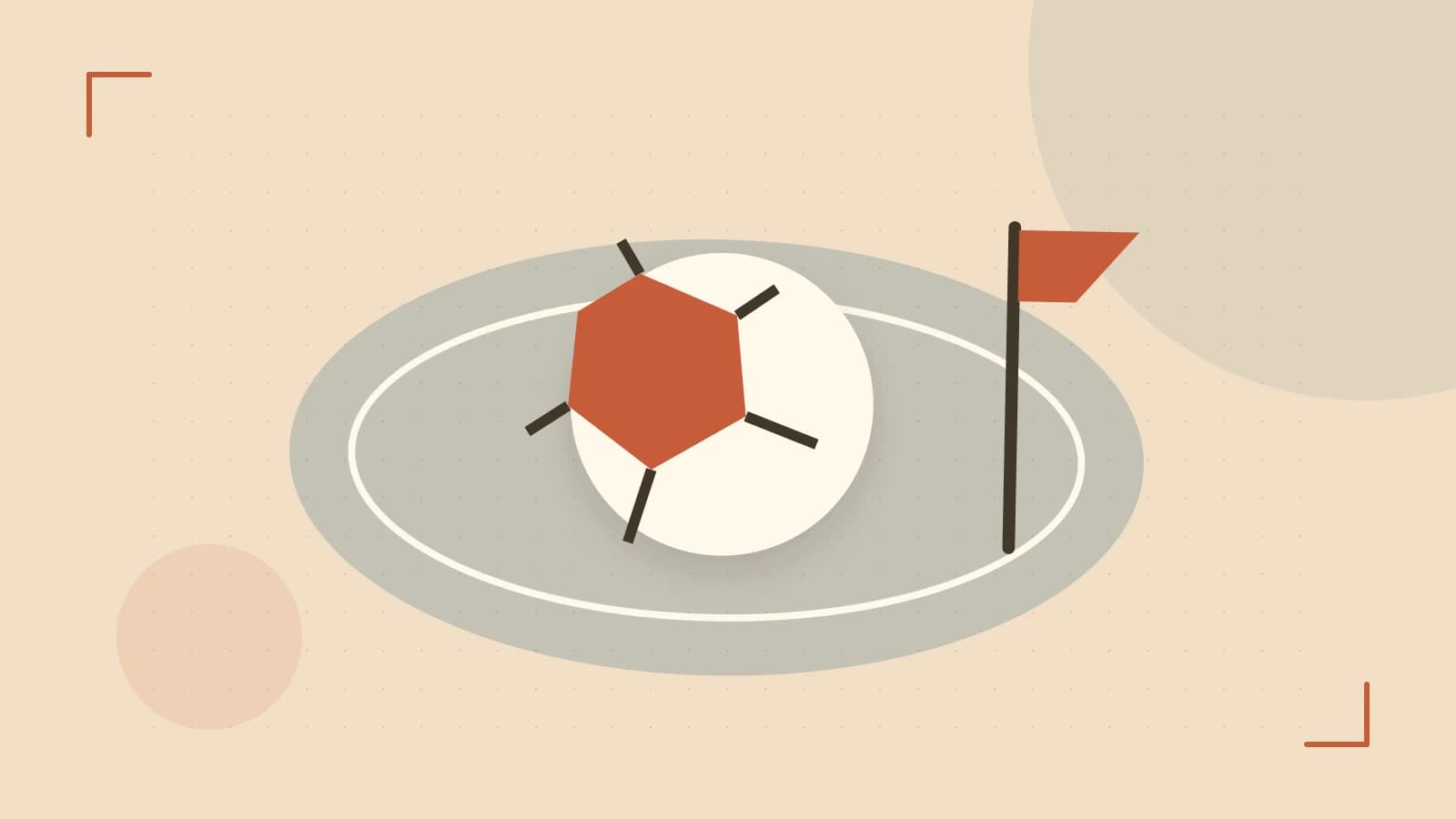 Editorial illustration of a stylized sports ball, stadium geometry and dynamic arcs