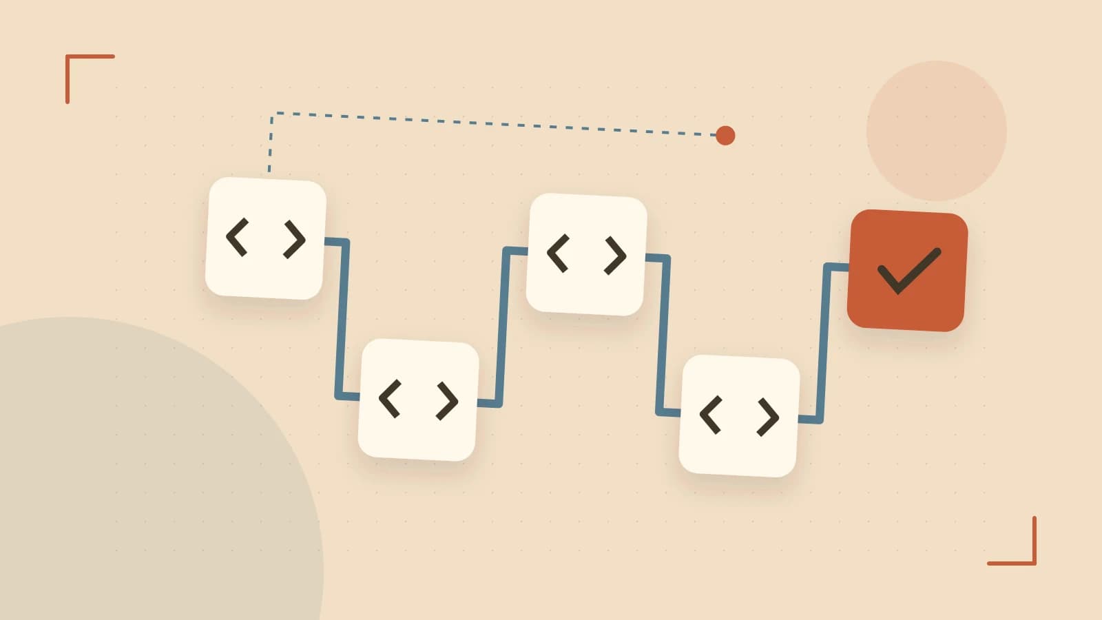 Editorial illustration of a branching build pipeline, staged transformations and a completed check