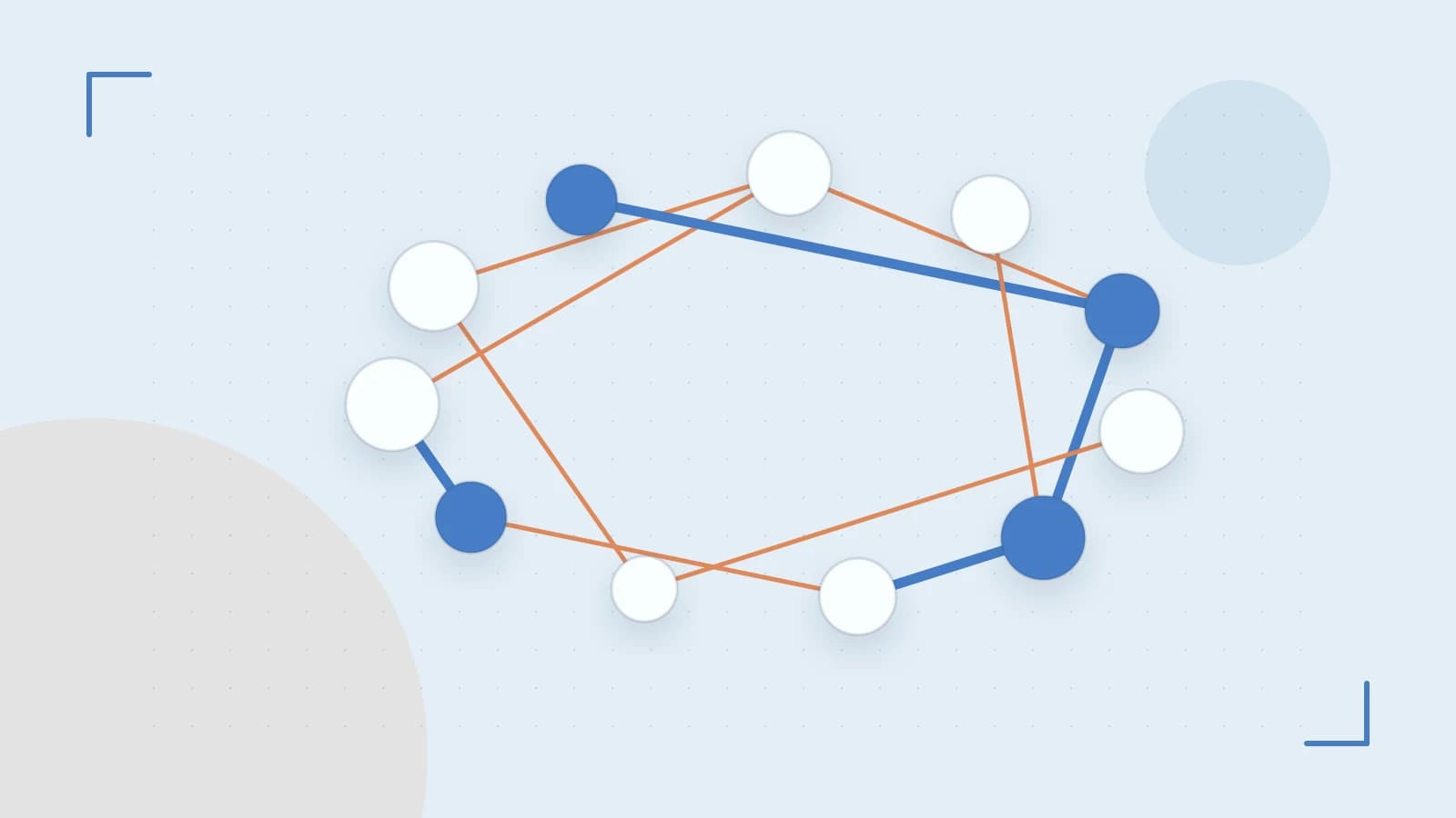 Editorial illustration of an algorithmic node graph with branching paths and a highlighted result