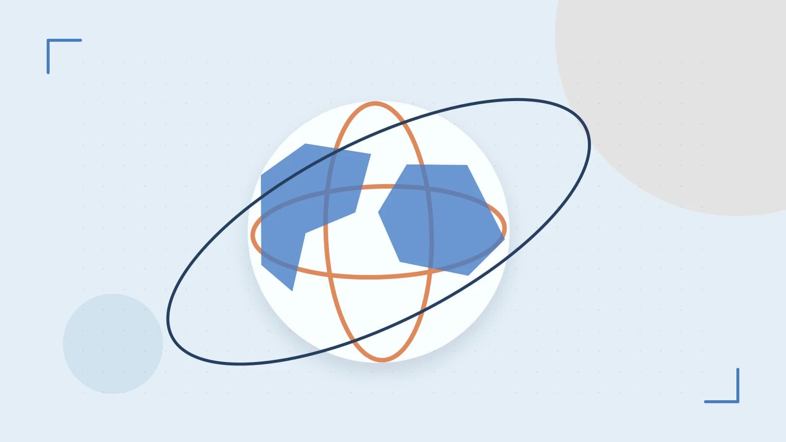 Editorial illustration of an editorial globe with meridians and layered geographic shapes