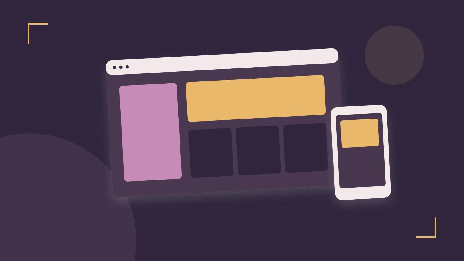 Editorial illustration of responsive browser layouts, overlapping design components and a color system