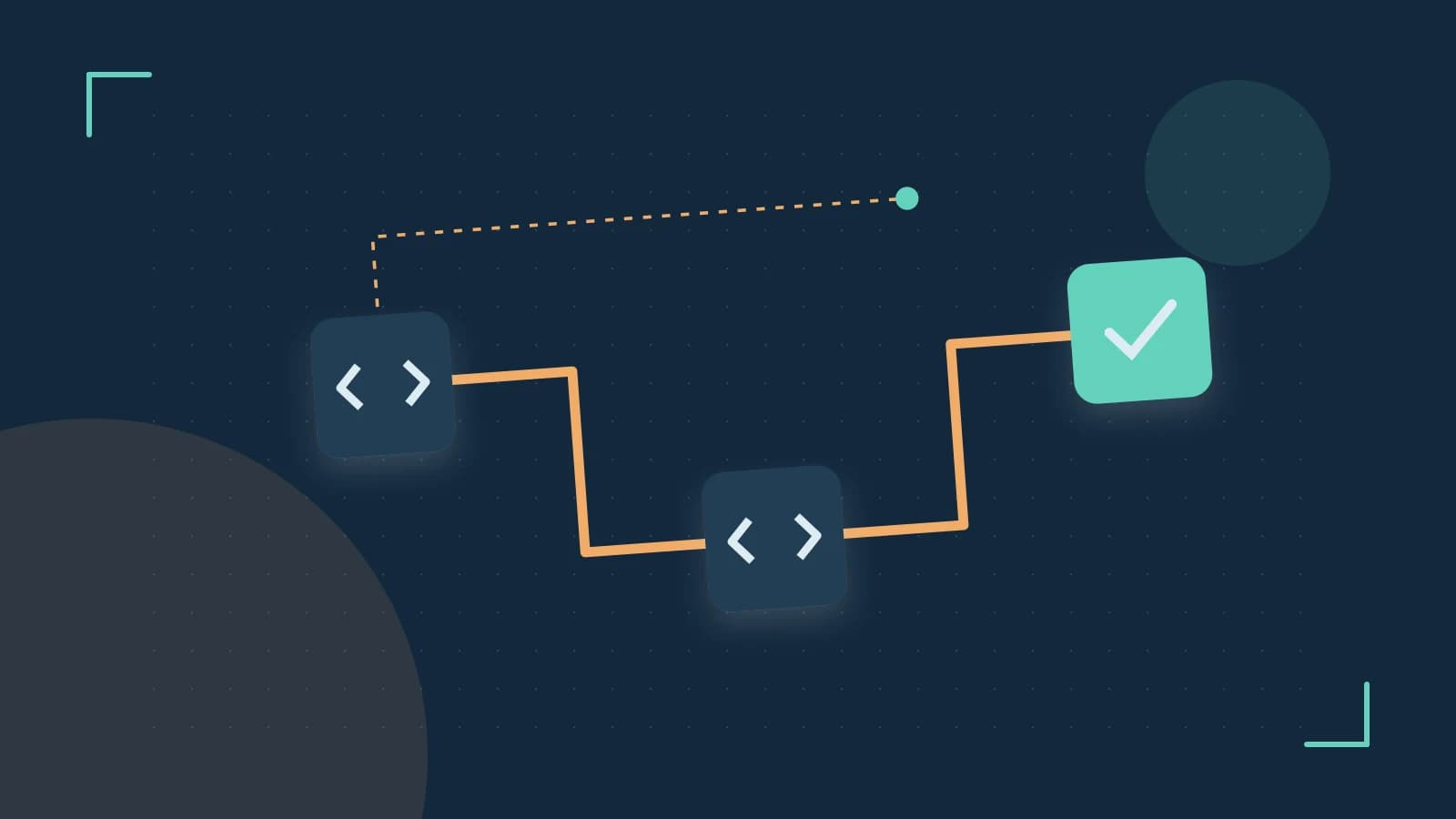 Editorial illustration of a branching build pipeline, staged transformations and a completed check