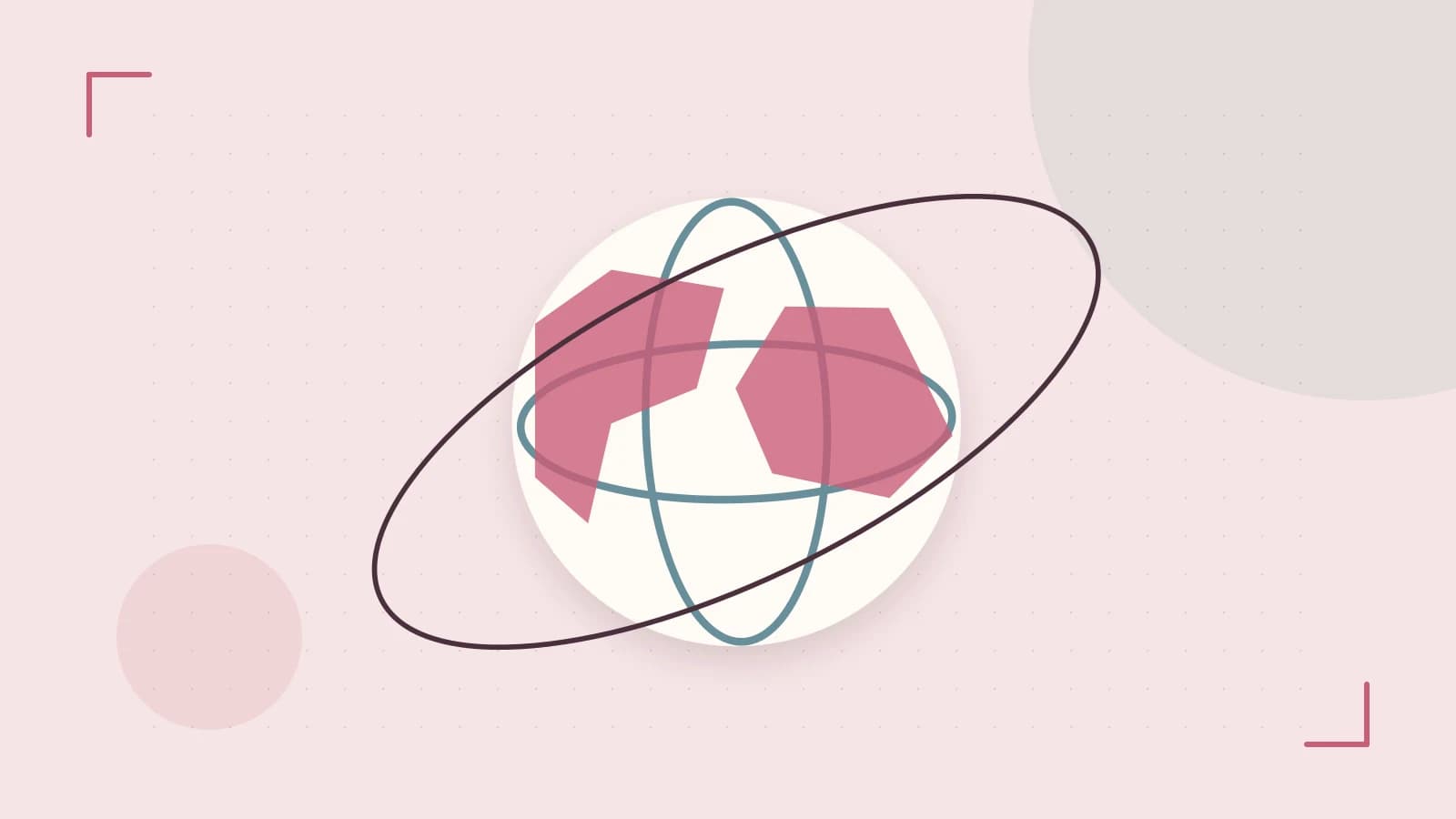 Editorial illustration of an editorial globe with meridians and layered geographic shapes
