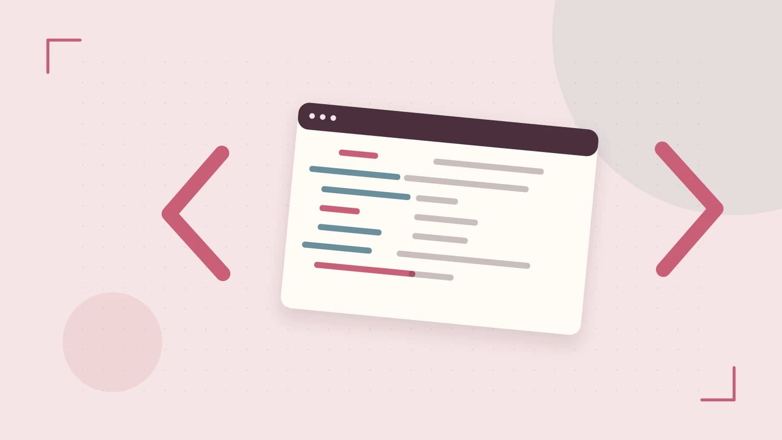 Editorial illustration of an abstract code editor, syntax blocks and oversized programming brackets