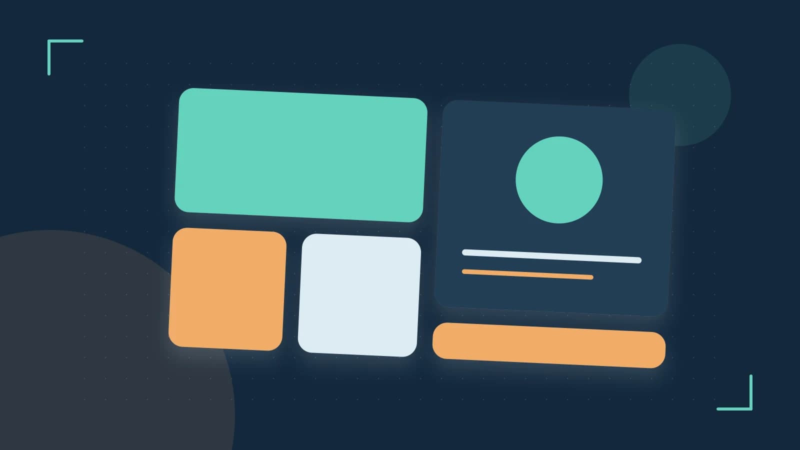 Editorial illustration of responsive browser layouts, overlapping design components and a color system