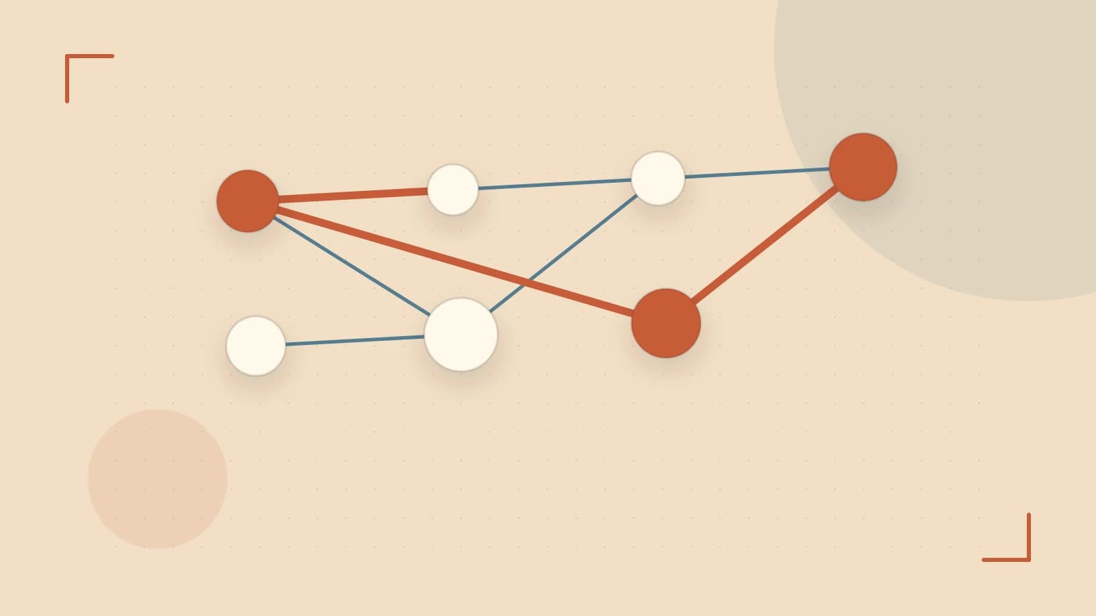 Editorial illustration of an algorithmic node graph with branching paths and a highlighted result