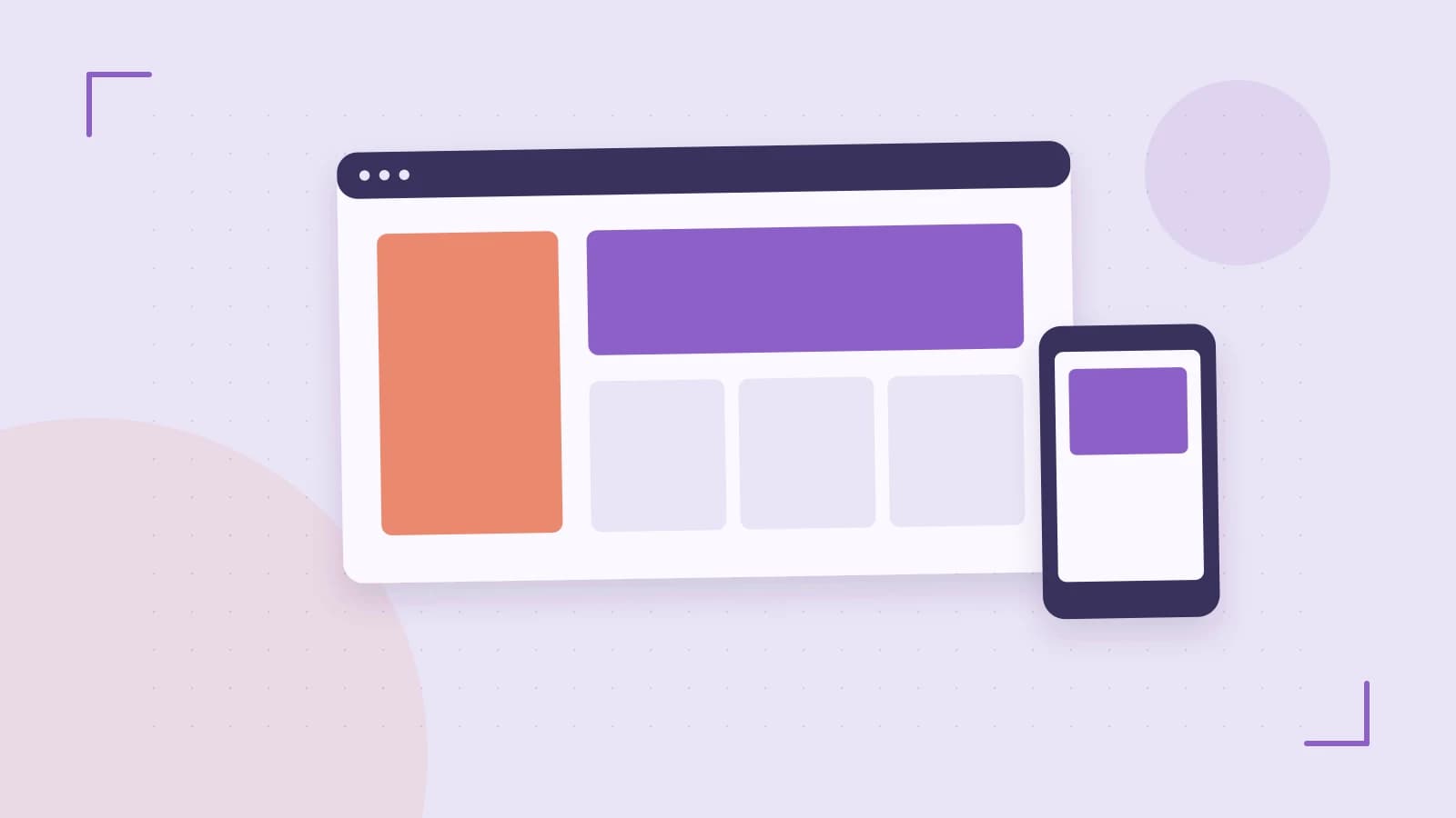 Editorial illustration of responsive browser layouts, overlapping design components and a color system