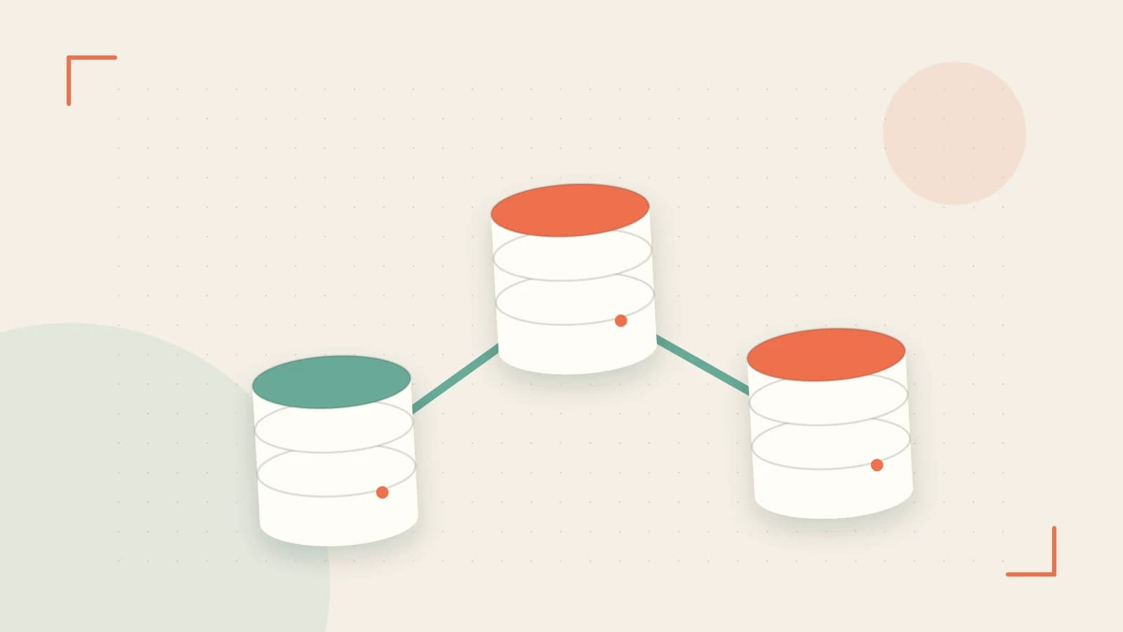 Editorial illustration of structured records, database cylinders and relationships between tables