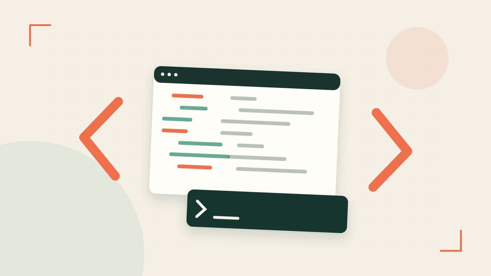 Editorial illustration of an abstract code editor, syntax blocks and oversized programming brackets