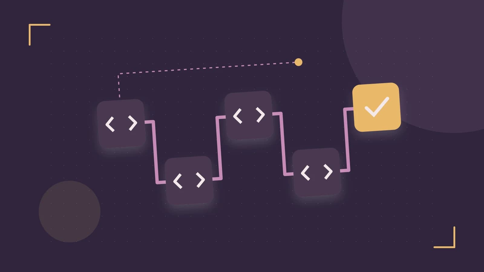 Editorial illustration of a branching build pipeline, staged transformations and a completed check
