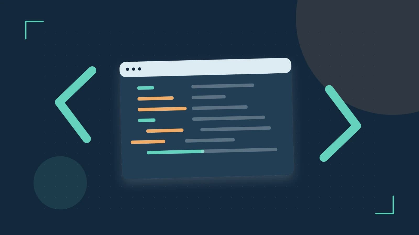 Editorial illustration of an abstract code editor, syntax blocks and oversized programming brackets