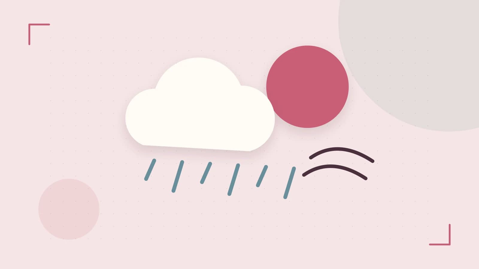 Editorial illustration of a sun, layered clouds, raindrops and flowing weather patterns