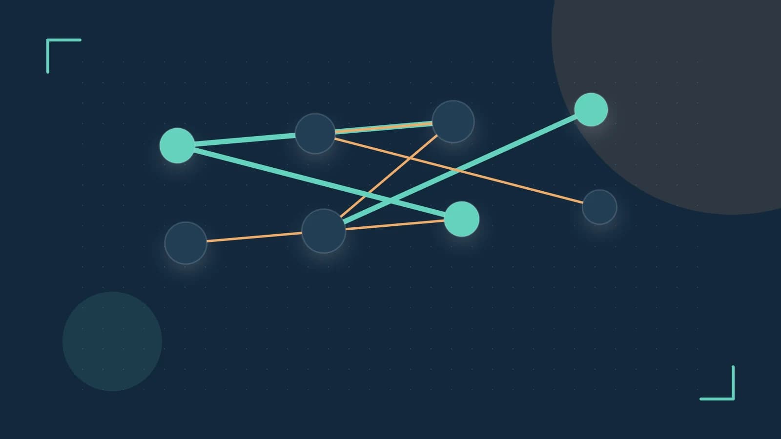 Editorial illustration of an algorithmic node graph with branching paths and a highlighted result