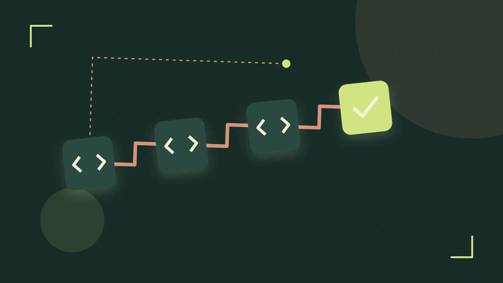 Editorial illustration of a branching build pipeline, staged transformations and a completed check